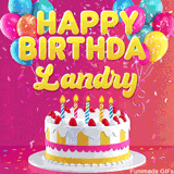 Pink-themed animated greeting with balloons, confetti, and a frosted cake under the message 'Happy Birthday Landry' in bold rounded yellow font.