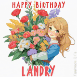 Bright floral birthday animation for Landry showing a cute cartoon girl with golden hair and expressive eyes holding a huge bouquet, surrounded by birthday text.