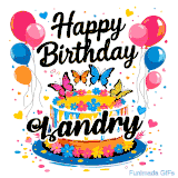 An animated birthday card for Landry. It features a festive cake with her name, 'Landry', and colorful butterflies. Floating balloons and hearts complete the joyful scene.