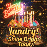 Shimmering animated card featuring a detailed chocolate cake and the name Landry for her birthday celebration.
