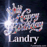 Happy Birthday Landry animated image showcasing a royal silver crown and glittering particle beams on a space backdrop.