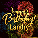 A vibrant display of multicolor fireworks with the text 'Happy Birthday Landry' written in gold, glowing beautifully in front of the explosive background.