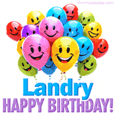 An animated birthday-themed name GIF with colorful smiling balloons and bold 'Landry, Happy Birthday!' text for a celebratory touch.