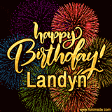 A vibrant display of multicolor fireworks with the text 'Happy Birthday Landyn' written in gold, glowing beautifully in front of the explosive background.