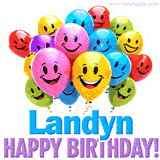 An animated birthday-themed name GIF with colorful smiling balloons and bold 'Landyn, Happy Birthday!' text for a celebratory touch.