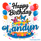 Elegant black Happy Birthday font above a decorated cake with balloons, hearts, and the name Landyn.