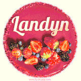 Beautifully decorated red velvet berry birthday cake with vibrant fruits and a glowing 'Landyn' name, adding a touch of sweetness and sparkle.