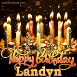 A glowing personalized birthday GIF with name Landyn featuring lit candles with intricate designs, warm lighting, and the text 'Happy Birthday' in an elegant font.