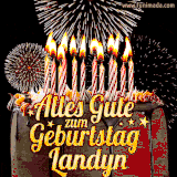A chocolate birthday cake with glowing candles, the German text 'Alles Gute zum Geburtstag Landyn,' and vibrant fireworks lighting up the background in an animated GIF.