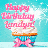 A festive cupcake with pink icing, a gingham bow, and a lit animated sparkler, paired with 'Happy Birthday Landyn!' in bright pink text.