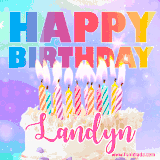 A vibrant animated name GIF with the words 'Happy Birthday Landyn' with colorful candles on a creamy cake. The background sparkles with pastel shades, adding a festive touch.