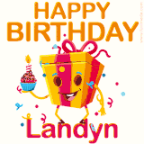 A vibrant and funny gift box character with a happy face dancing with a cupcake and the text 'Happy Birthday Landyn,' surrounded by animated confetti and party vibes.