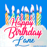 A cheerful animated GIF featuring colorful lit birthday candles on a white cake, with the text 'Happy Birthday Lane' in bold red and blue script on a bright blue background.
