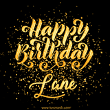 Animated GIF with colorful, festive 'Happy Birthday Lane' text decorated with patterns, a party hat, and falling confetti. A vibrant and cheerful design for birthday celebrations.