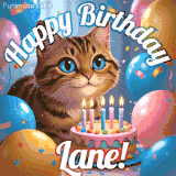 A playful tabby cat sits behind a colorful birthday cake surrounded by balloons and confetti, with 'Happy Birthday Lane!' written above in festive letters.