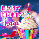 A festive animated GIF featuring a colorful cupcake with a single lit candle, sprinkles, and 'Happy Birthday Lane' text against a sparkling, celebratory background.