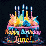 A vibrant animated GIF featuring a colorful rotating birthday cake with bright frosting swirls, glowing candles, and the text 'Happy Birthday Lane!' in rainbow colors.