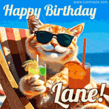 A cheerful cat wearing sunglasses, enjoying drinks on a sunny beach chair, with the text 'Happy Birthday Lane!' in bright letters.