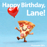 A cheerful pizza character with a heart balloon on a light blue background for Lane