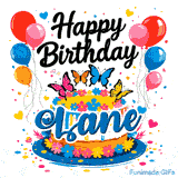A personalized birthday cake with white icing, bright flowers, and colorful balloon bundles for Lane's celebration.