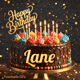 Animated card of a gourmet chocolate birthday cake with the name Lane and glowing candle flames.