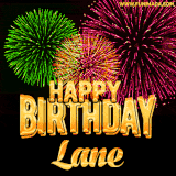 A captivating GIF with bursts of green, pink, and orange fireworks lighting up the night sky, accompanied by 'Happy Birthday Lane' in glowing golden text.