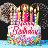 A lively happy birthday animated GIF showcasing a colorful birthday cake covered in sprinkles, topped with glowing candles, and surrounded by vibrant fireworks. The name 'Lane' is featured in elegant script.