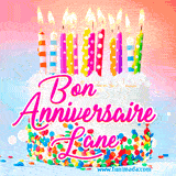 A white birthday cake covered in colorful sprinkles, topped with bright candles, and French text 'Bon Anniversaire Lane' on a pastel gradient background in an animated GIF.