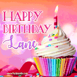 A vibrant birthday GIF featuring a rainbow-colored cupcake topped with white frosting, sprinkles, and a lit candle. The text reads 'Happy Birthday Lane' in bold pink and violet letters with white outline.