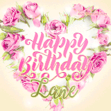 A stunning heart made of pink roses surrounds the elegant script text 'Happy Birthday Lane' on a soft beige background. Animated sparkles add a magical and festive feel.