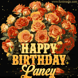 Animated bouquet of orange roses with moving butterfles and golden 'Happy Birthday Laney' text, surrounded by sparkling accents and a dark backdrop for a luxurious feel.