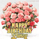 Golden 'Happy Birthday Laney' text beneath a vibrant bouquet of orange roses, complete with glittering butterflies and sparkling details.