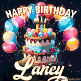 Bright birthday animation for Laney with a chocolate cake, candles, balloons, and glowing celebratory lights.