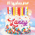 Personalized for Laney elegant birthday cake adorned with rainbow sprinkles, colorful candles and glitter
