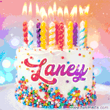 A cheerful white birthday cake with multicolor sprinkles, lit candles, and 'Laney' written in vibrant letters, in an animated GIF.