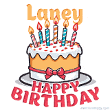 Cartoon birthday cake with a red bow, glowing candles, and 'Laney Happy Birthday' text in bold animated style.