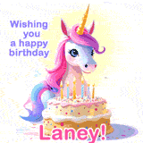 A cute moving unicorn with a birthday cake and candles, featuring 'Wishing you a happy birthday, Laney!' in colorful text.