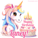 An adorable animated unicorn with soft pastel colors sits beside a birthday cake with glowing candles, and a pink 'Happy Birthday Laney!' words.