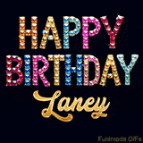Vibrant luxury birthday greeting card for Laney, showing glittering gemstone letters and golden calligraphy on a dark background with twinkling shine effects.