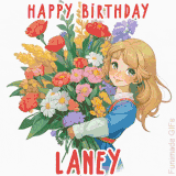 Bright floral birthday animation for Laney showing a cute cartoon girl with golden hair and expressive eyes holding a huge bouquet, surrounded by birthday text.