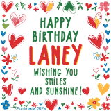 A colorful animated card for Laney’s birthday featuring playful hearts, cheerful flowers, and a handwritten message wishing smiles and sunshine.