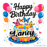 An animated birthday card for Laney. It features a festive cake with her name, 'Laney', and colorful butterflies. Floating balloons and hearts complete the joyful scene.