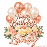 Elegant animated Happy Birthday Laney image featuring soft pink roses and balloons