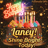 Multi-colored dollops of frosting and burning birthday candles on a chocolate glaze cake with a glowing pink neon topper, custom-designed for Laney.