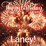 Metallic gold and burgundy balloons tied to a red gift box with a gold ribbon, custom-designed for Laney.
