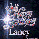 Large silver-white letters with metallic glow spelling Laney beneath diamond-encrusted Happy Birthday text.