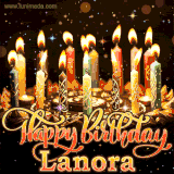 A glowing personalized birthday GIF with name Lanora featuring lit candles with intricate designs, warm lighting, and the text 'Happy Birthday' in an elegant font.