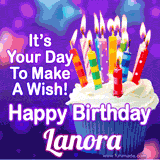 A colorful birthday GIF for Lanora featuring a cupcake with vibrant lit candles and the text 'It's Your Day to Make a Wish! Happy Birthday Lanora' in bold letters on a festive purple background.