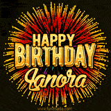 Golden 'Happy Birthday Lanora' text accompanied by animated rainbow fireworks for a festive animated greeting.