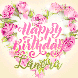 A stunning heart made of pink roses surrounds the elegant script text 'Happy Birthday Lanora' on a soft beige background. Animated sparkles add a magical and festive feel.